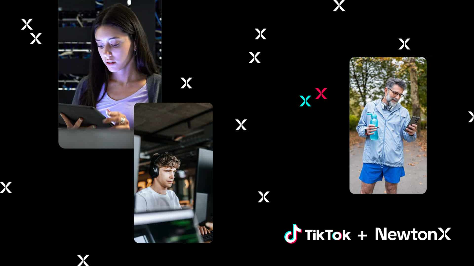 TikTok and NewtonX logos on a black background with images of people using smart phones
