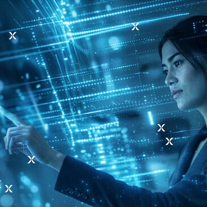 Digital graphics overlaying woman using tablet